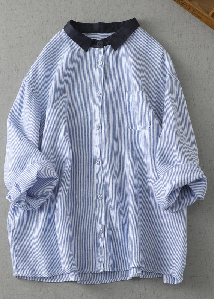 Summer Black Oversized Striped Linen Blouses