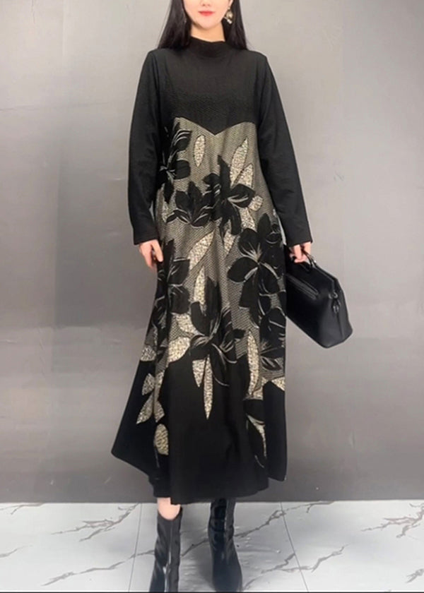 Art Black Stand Collar Print Patchwork Cotton Dresses Fall