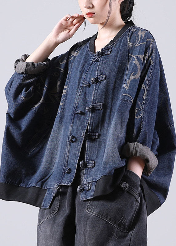 Art O-Neck Blue Print Patchwork Bat wing Sleeve Fall Coat