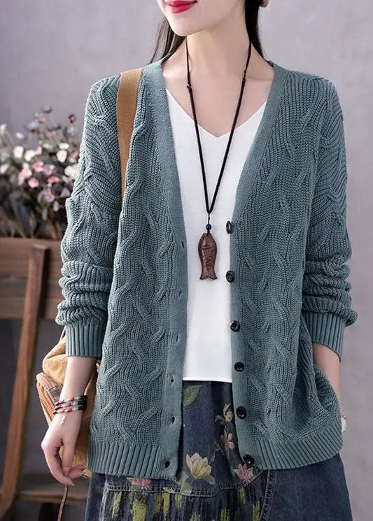 V Neck Art Blue Button Casual Autumn Knit Sweater Coat