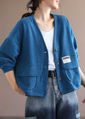 Fall V Neck Artistic Blue Pocket Button Long Sleeve Coat