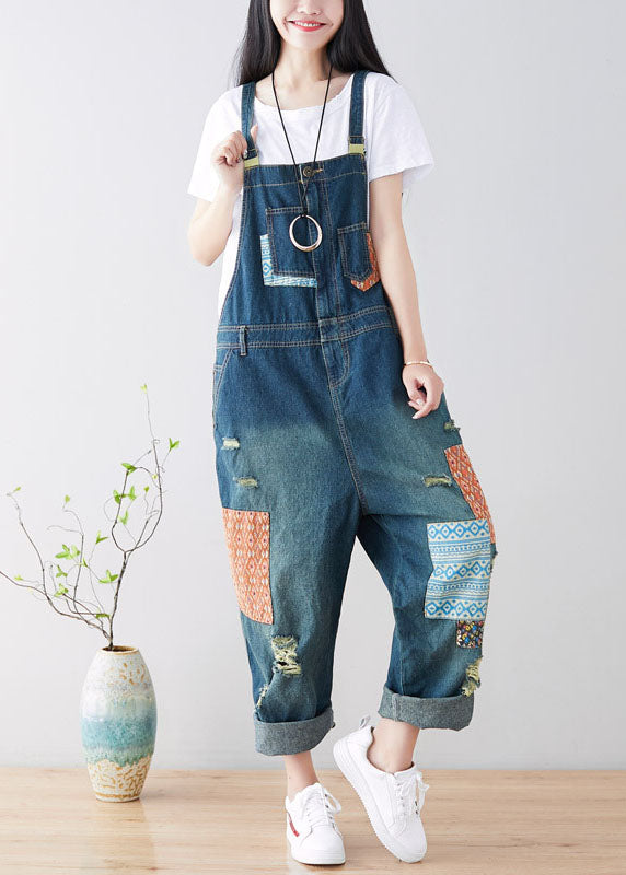 Art Pockets Patchwork Holes Blue Denim Jumpsuit Spring