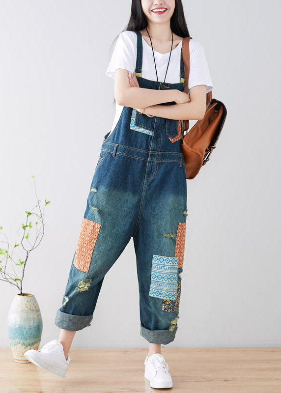 Art Pockets Patchwork Holes Blue Denim Jumpsuit Spring