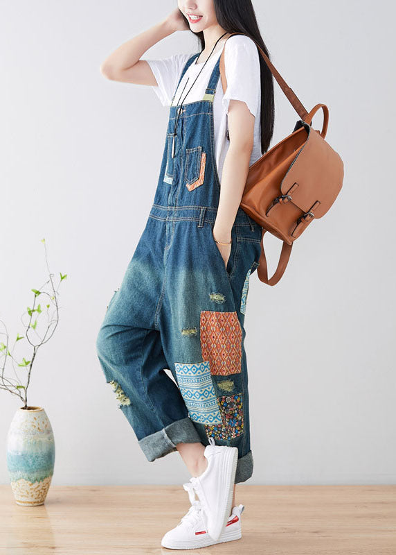 Art Pockets Patchwork Holes Blue Denim Jumpsuit Spring