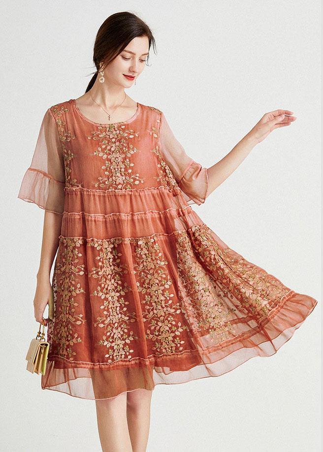 Art Green Embroidered O-Neck Loose Summer Flare Sleeve Dress