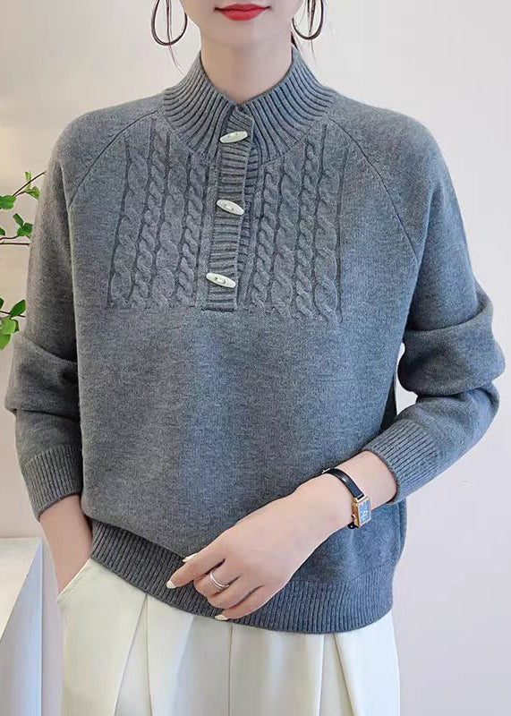 Art Grey Button Solid Thick Knit Sweater Fall