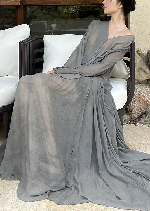 Art Grey V Neck Wrinkled Cotton Maxi Dresses Long Sleeve