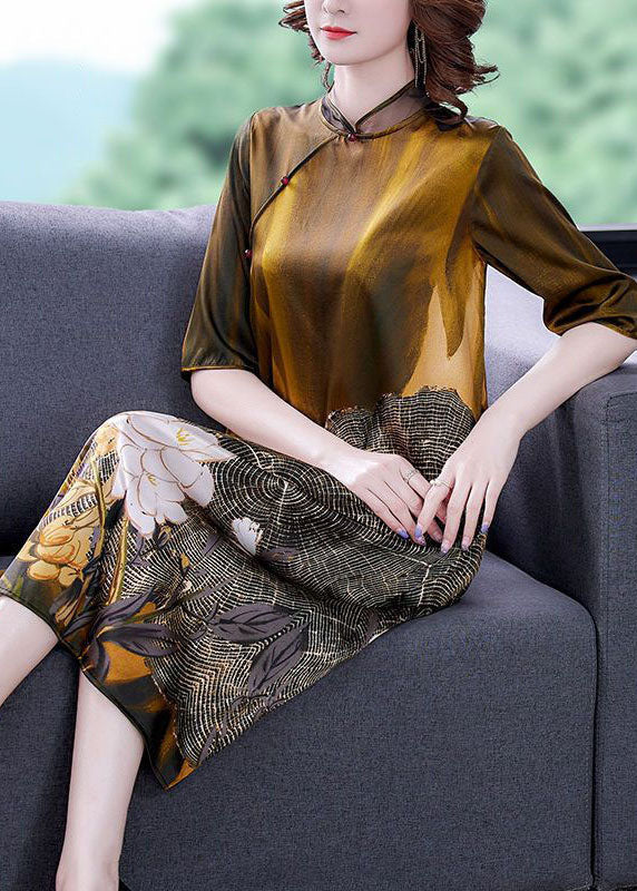 Khaki Art Mandarin Collar Print Silk Half Sleeve Dresses