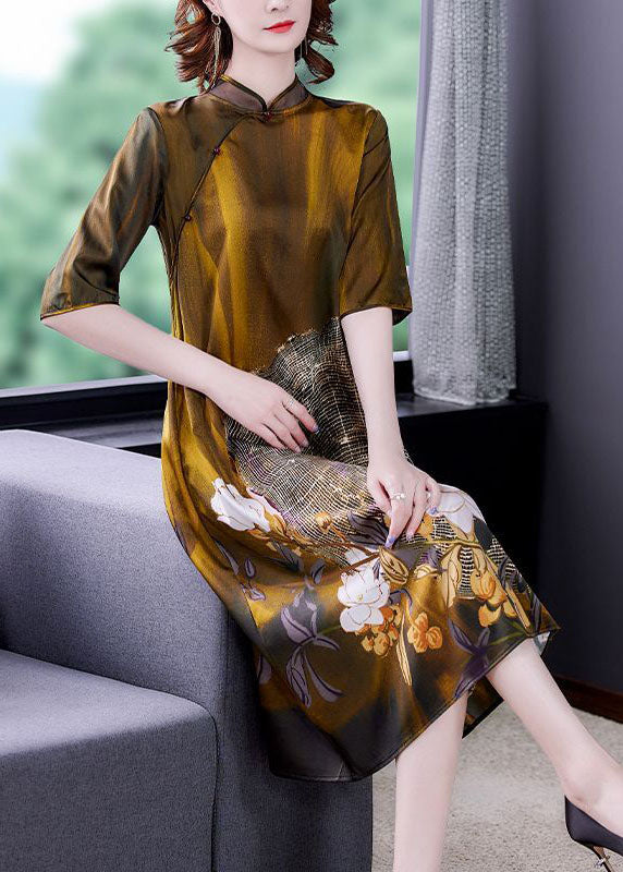 Khaki Art Mandarin Collar Print Silk Half Sleeve Dresses