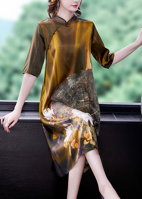 Khaki Art Mandarin Collar Print Silk Half Sleeve Dresses