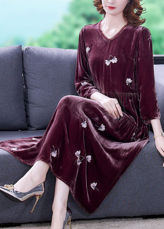 Art Mulberry Patchwork Pleated Embroidered Silk Velour Spring Dress