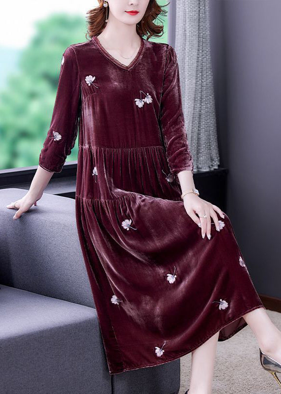 Art Mulberry Patchwork Pleated Embroidered Silk Velour Spring Dress