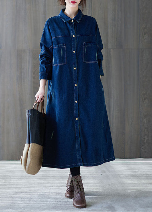 Art Navy Patchwork Button Denim Shirts Dresses Spring