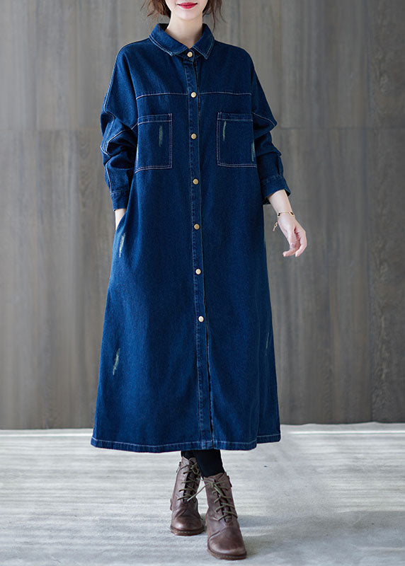 Art Navy Patchwork Button Denim Shirts Dresses Spring