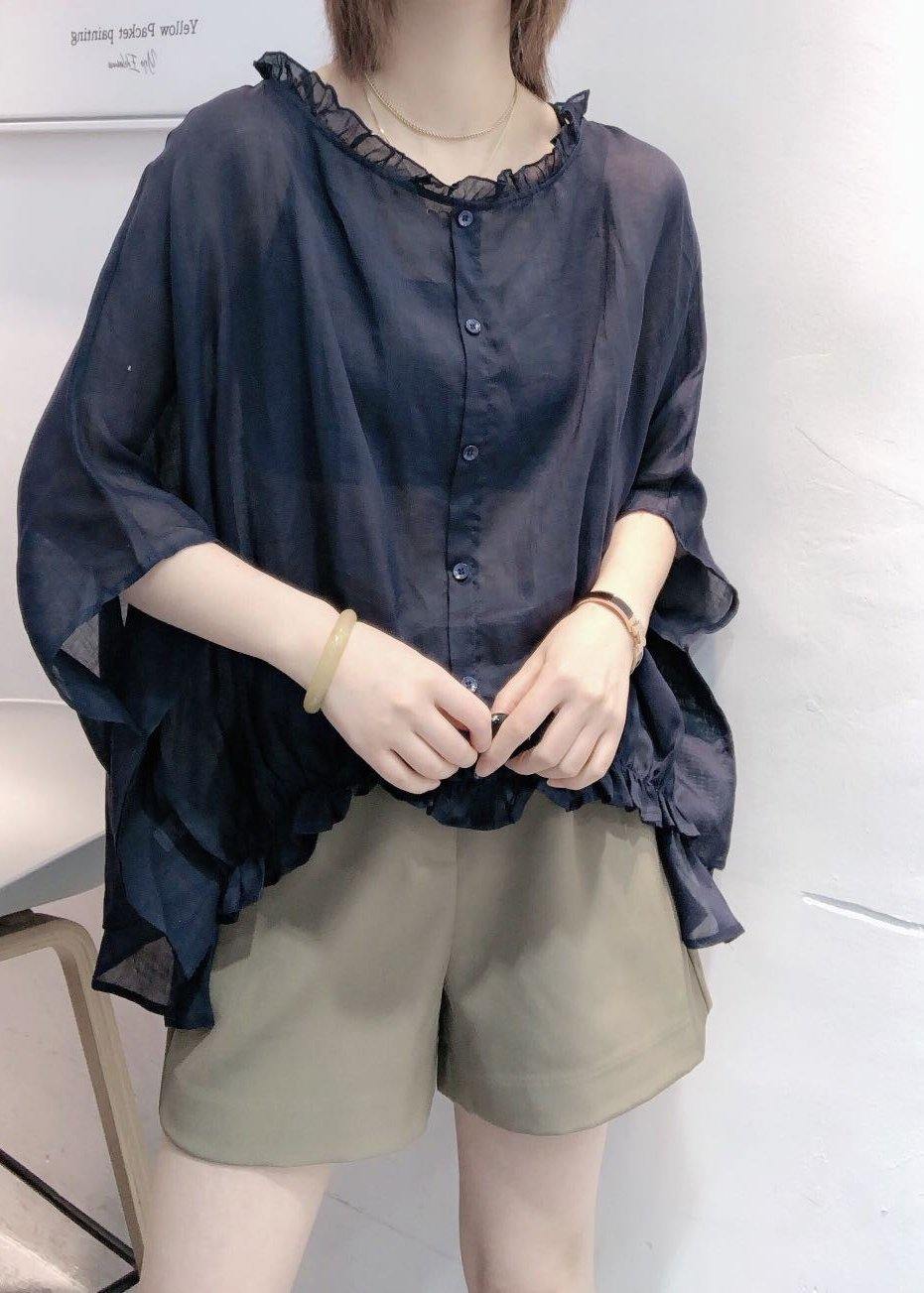 Art Ruffle Trim Navy Half Sleeve Shirts Blouse Plus Size