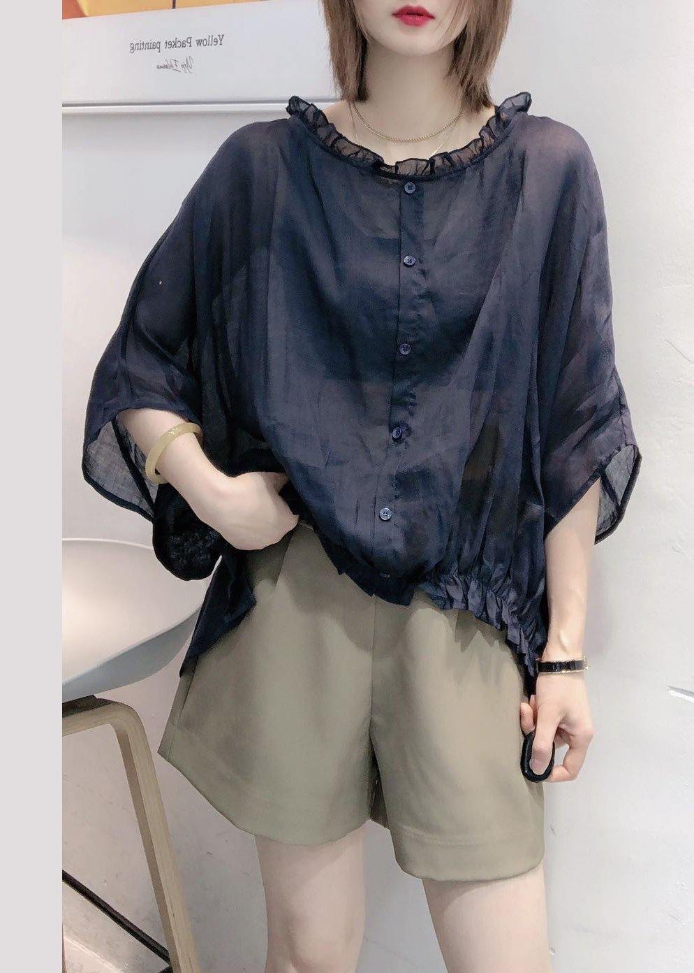 Art Ruffle Trim Navy Half Sleeve Shirts Blouse Plus Size