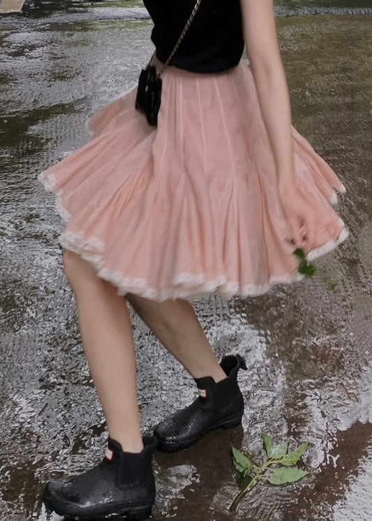 Simple Pink Lace Patchwork A Line Skirt Summer