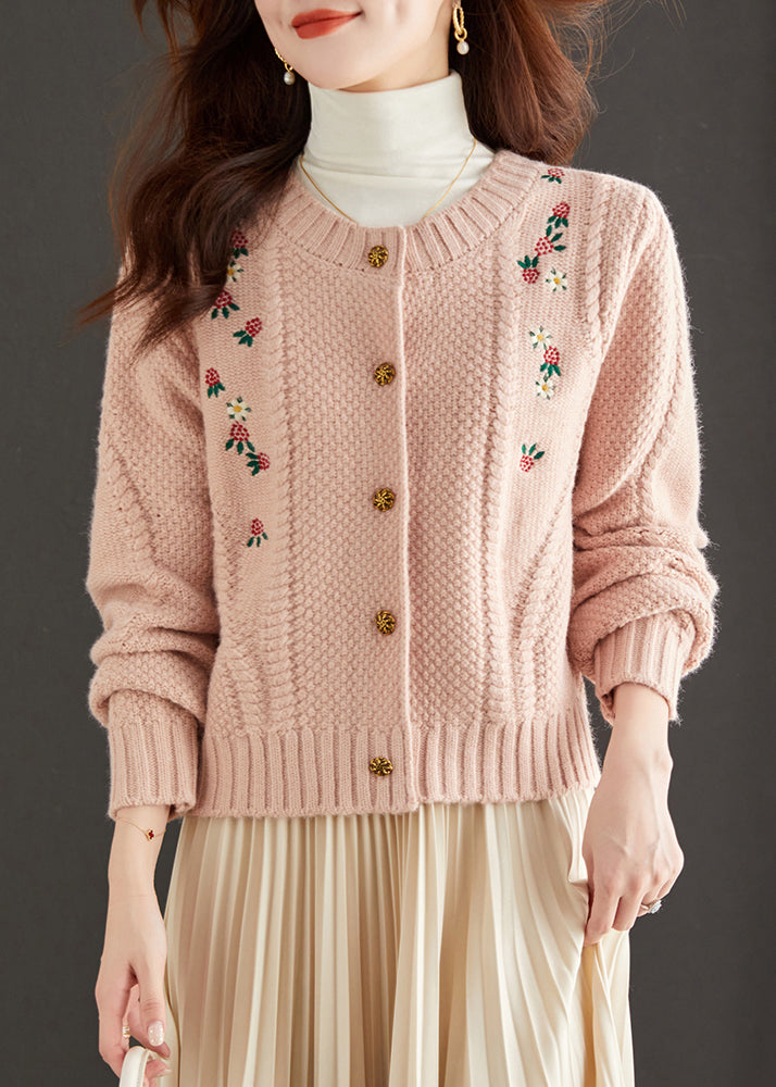 Art Red Embroidered Button Knit Cardigan Fall