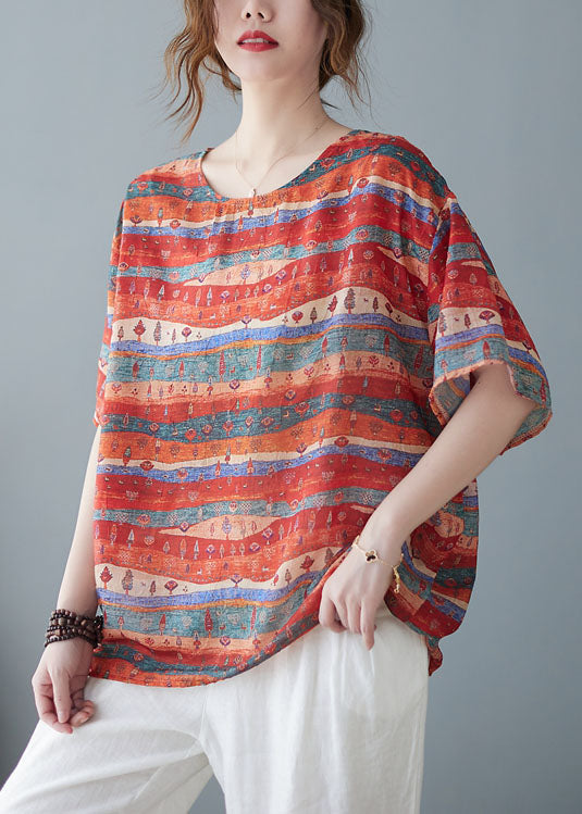 O-Neck Art Red Print Patchwork Linen Short Sleeve T-Shirt Top