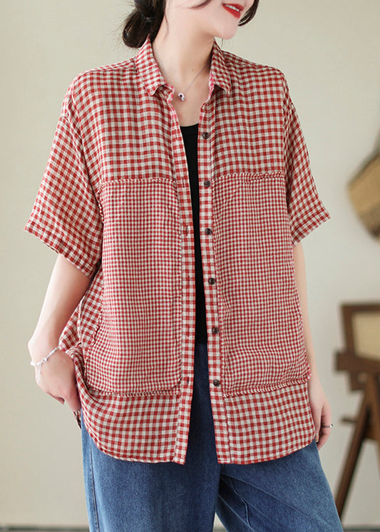 Summer Artistic Red Plaid Peter Pan Collar Linen Shirt Top