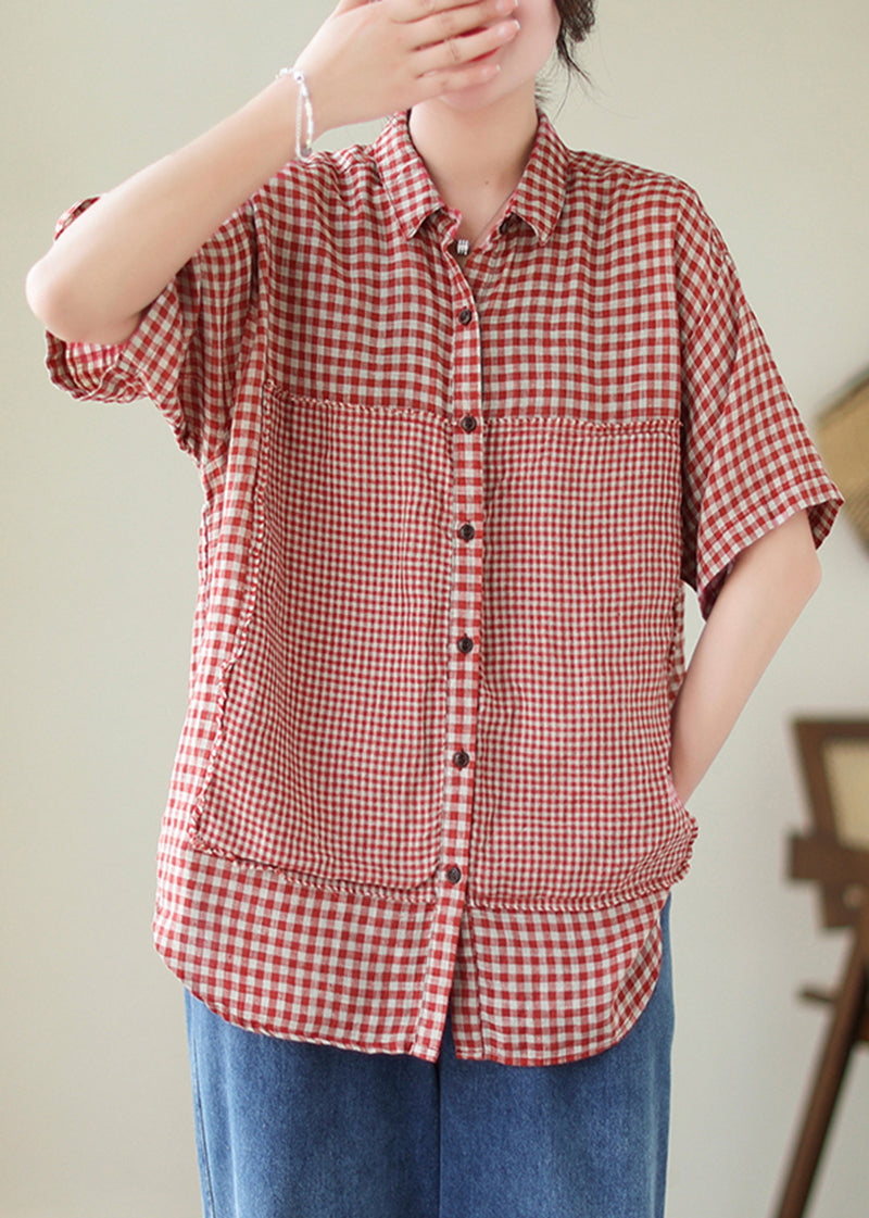 Summer Artistic Red Plaid Peter Pan Collar Linen Shirt Top