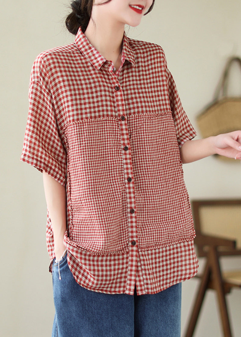 Summer Artistic Red Plaid Peter Pan Collar Linen Shirt Top