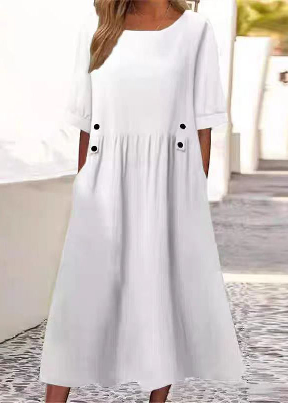 Art White O Neck Pockets Solid Cotton Long Dress Summer