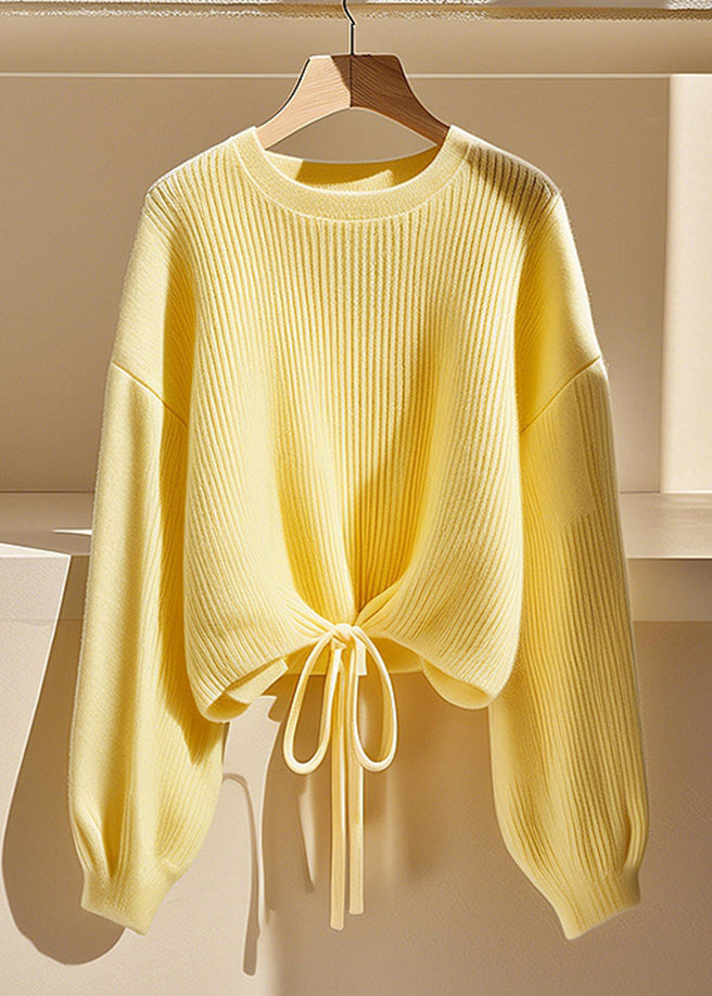 Art Yellow O Neck Lace Up Solid Knit Sweater Fall