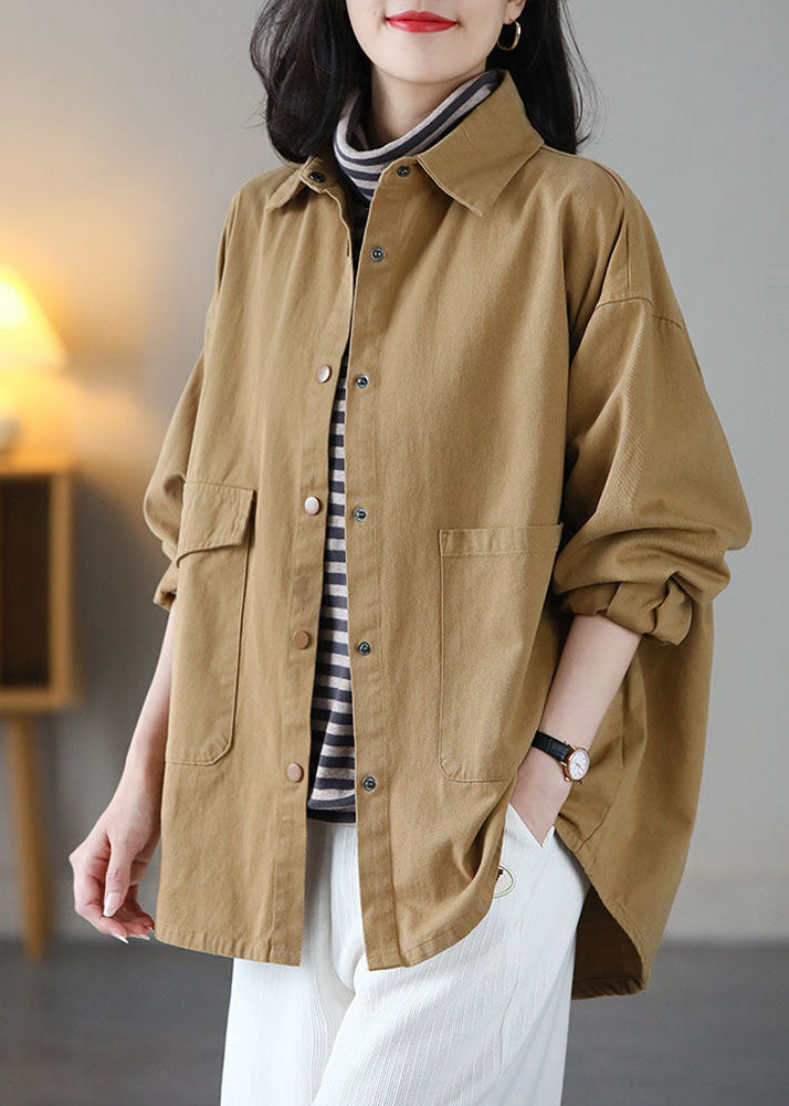 Art Yellow Peter Pan Collar Oversized Pocket Cotton Coat Spring