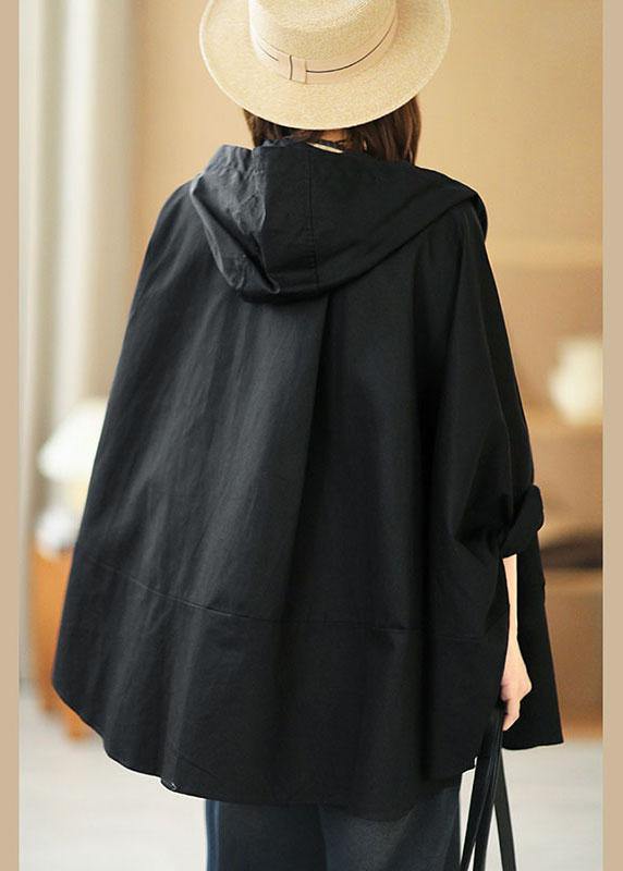 Art Button Loose Pockets Fall Hooded Black Coat Long sleeve