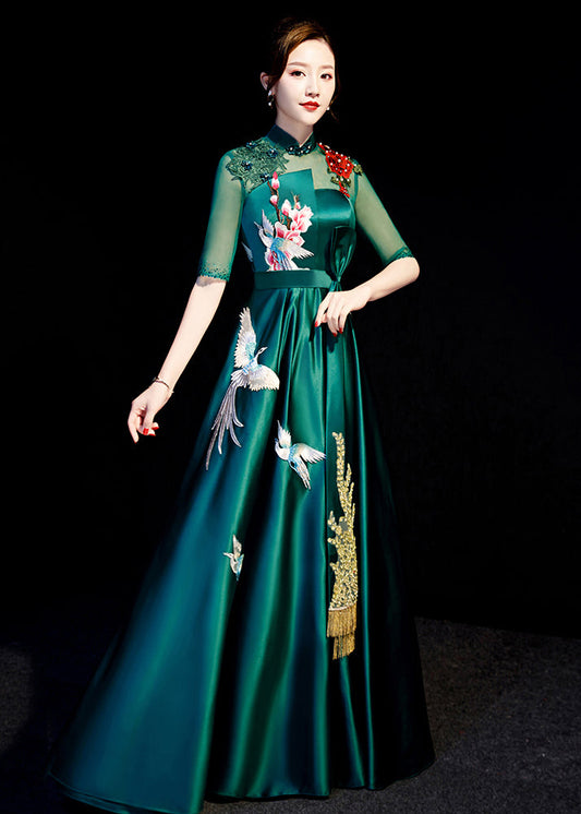 Art Blackish Green Stand Collar Embroideried Patchwork Ankle Dress Summer