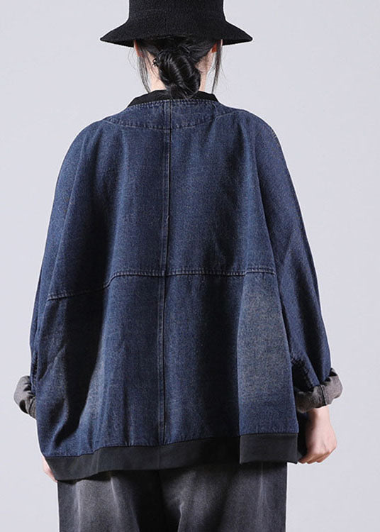 Art O-Neck Blue Print Patchwork Bat wing Sleeve Fall Coat