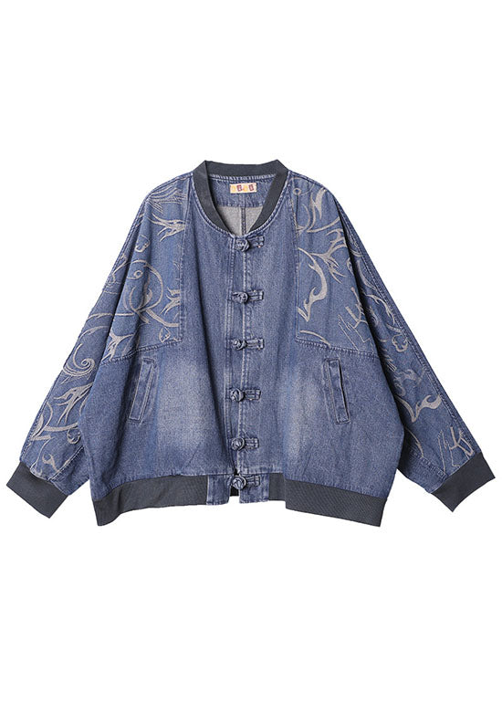 Art O-Neck Blue Print Patchwork Bat wing Sleeve Fall Coat