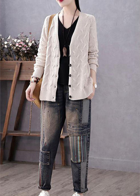 V Neck Art Blue Button Casual Autumn Knit Sweater Coat