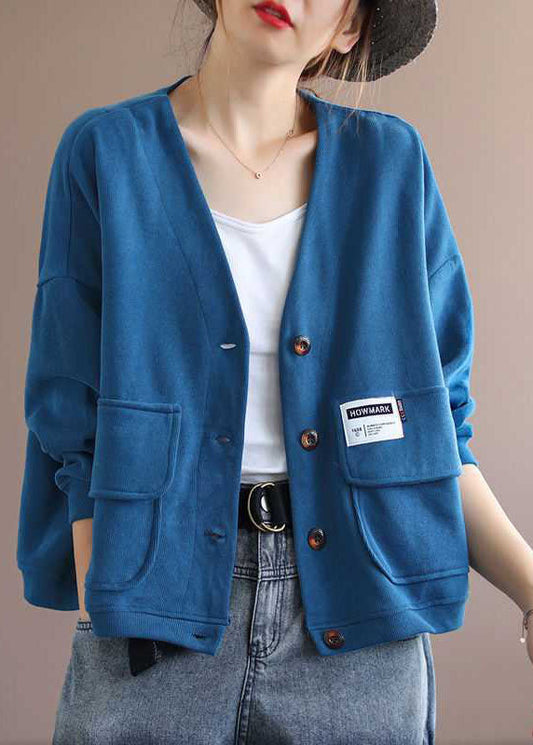 Fall V Neck Artistic Blue Pocket Button Long Sleeve Coat