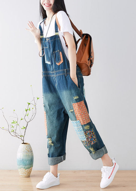 Art Pockets Patchwork Holes Blue Denim Jumpsuit Spring