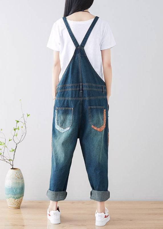 Art Pockets Patchwork Holes Blue Denim Jumpsuit Spring