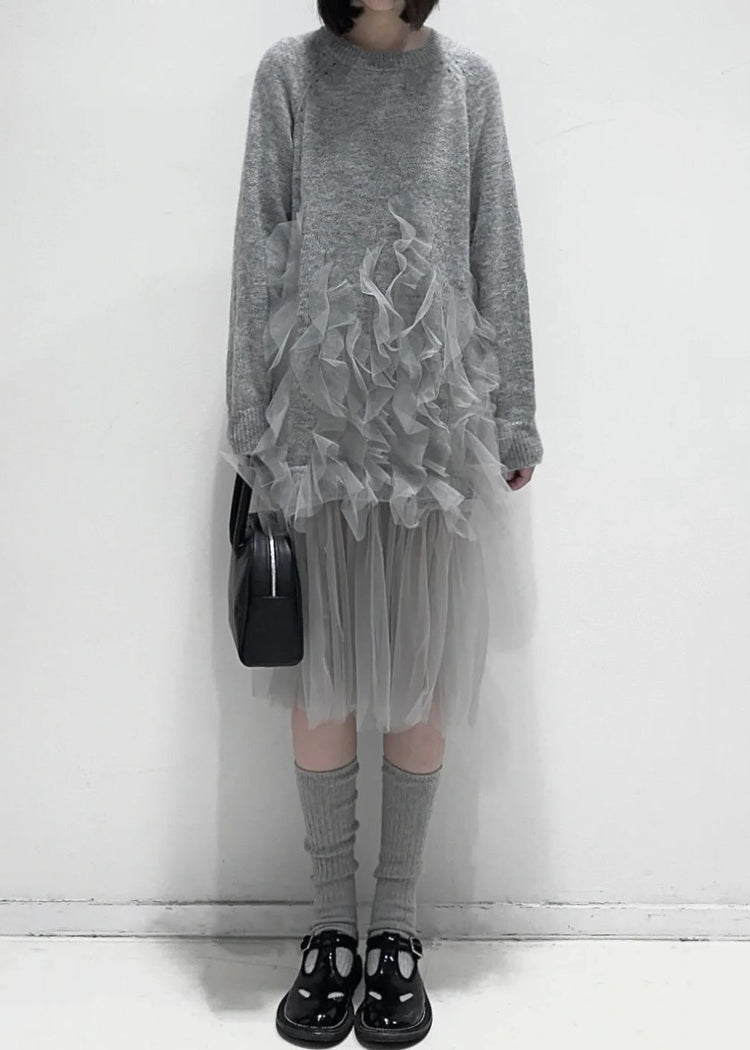 Art Grey Ruffled Solid Tulle Patchwork Knit Dress Fall