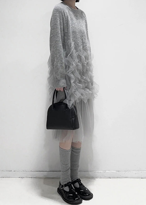 Art Grey Ruffled Solid Tulle Patchwork Knit Dress Fall