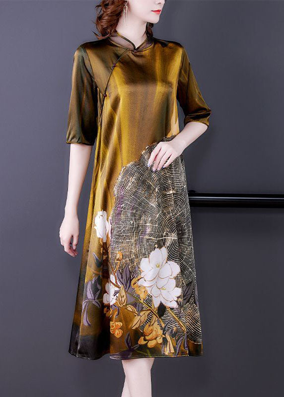 Khaki Art Mandarin Collar Print Silk Half Sleeve Dresses