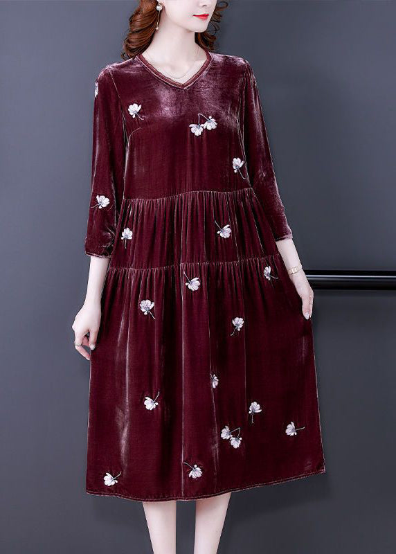 Art Mulberry Patchwork Pleated Embroidered Silk Velour Spring Dress