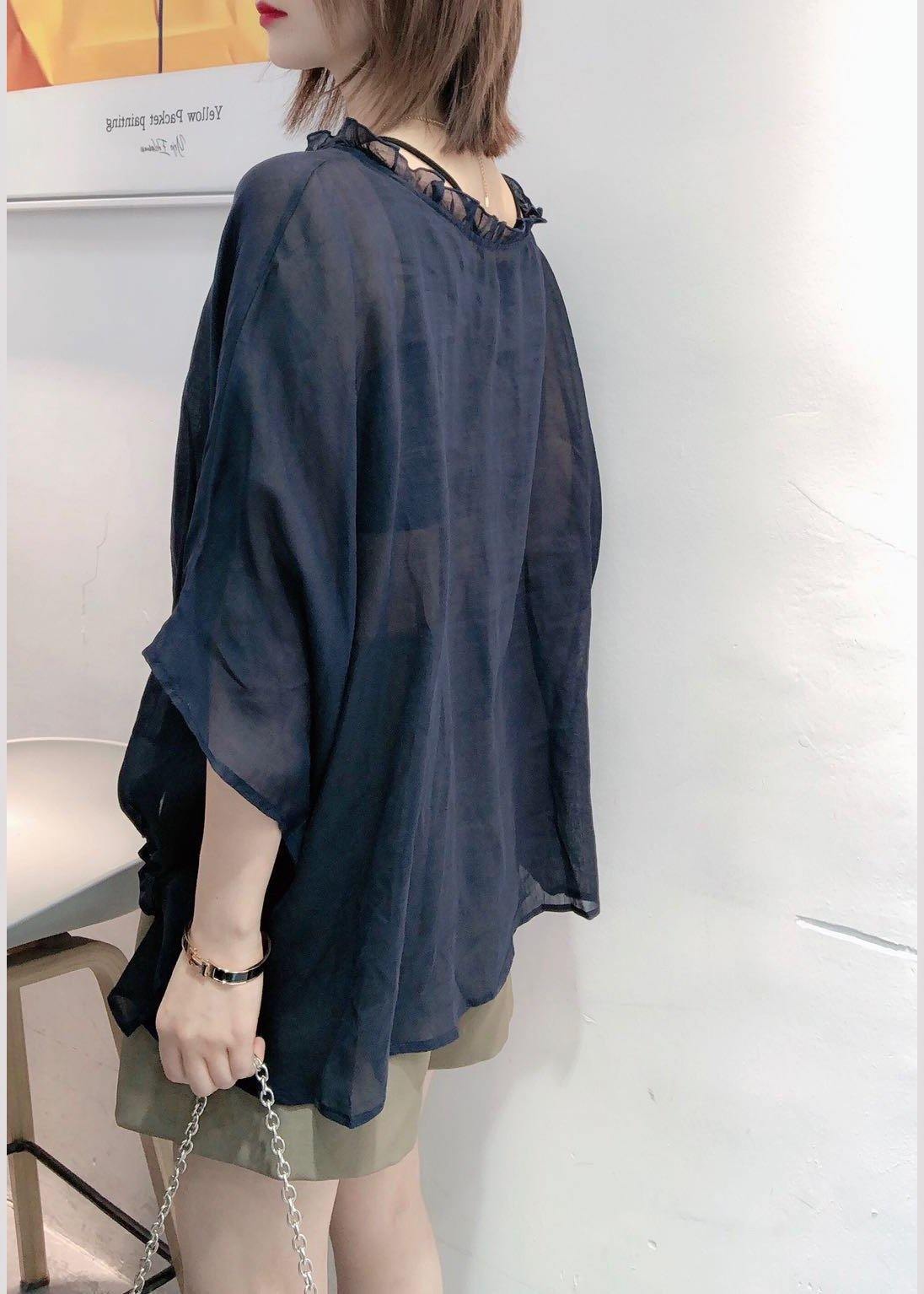 Art Ruffle Trim Navy Half Sleeve Shirts Blouse Plus Size