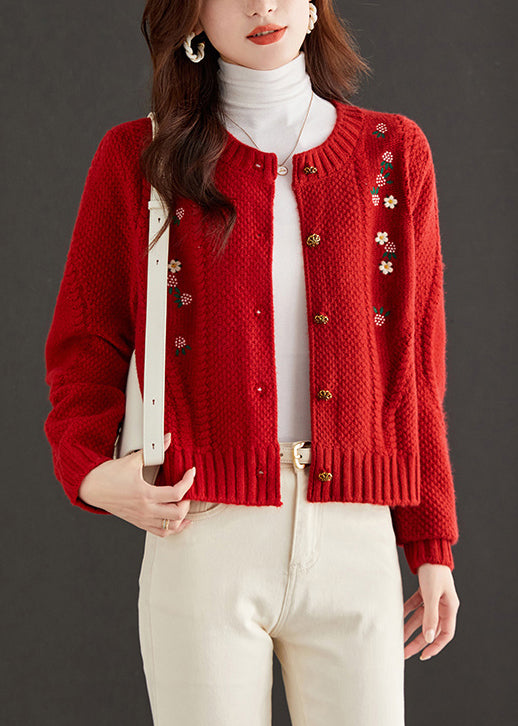 Art Red Embroidered Button Knit Cardigan Fall