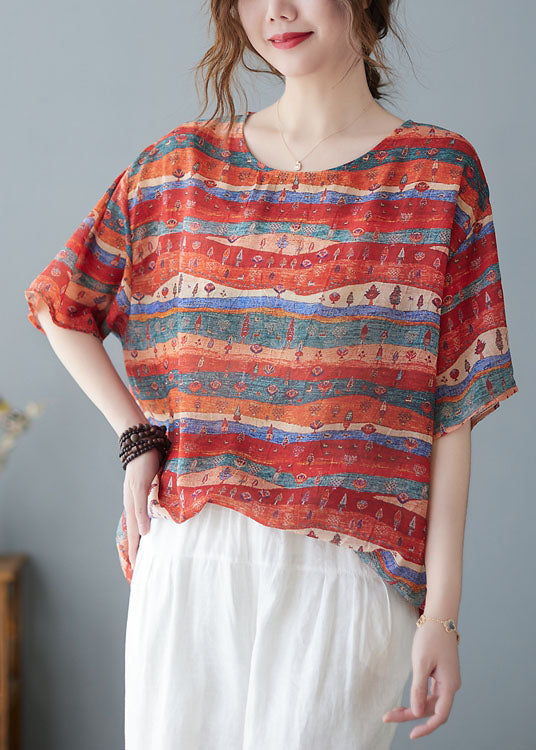 O-Neck Art Red Print Patchwork Linen Short Sleeve T-Shirt Top