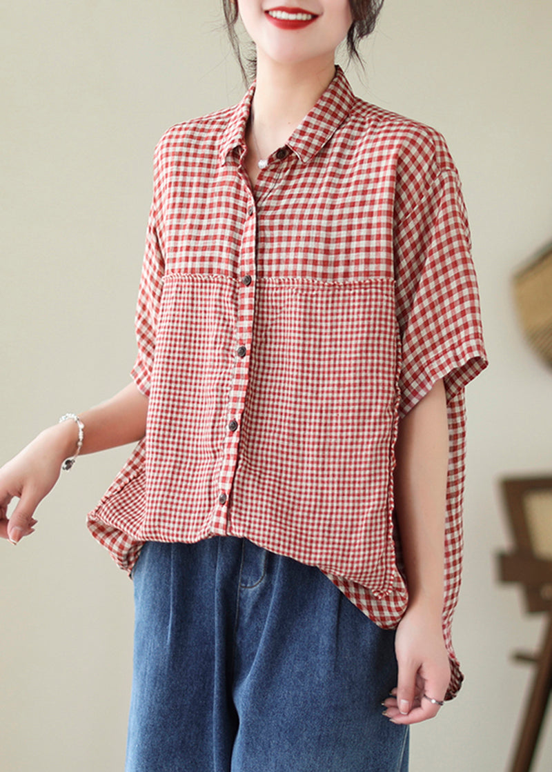 Summer Artistic Red Plaid Peter Pan Collar Linen Shirt Top