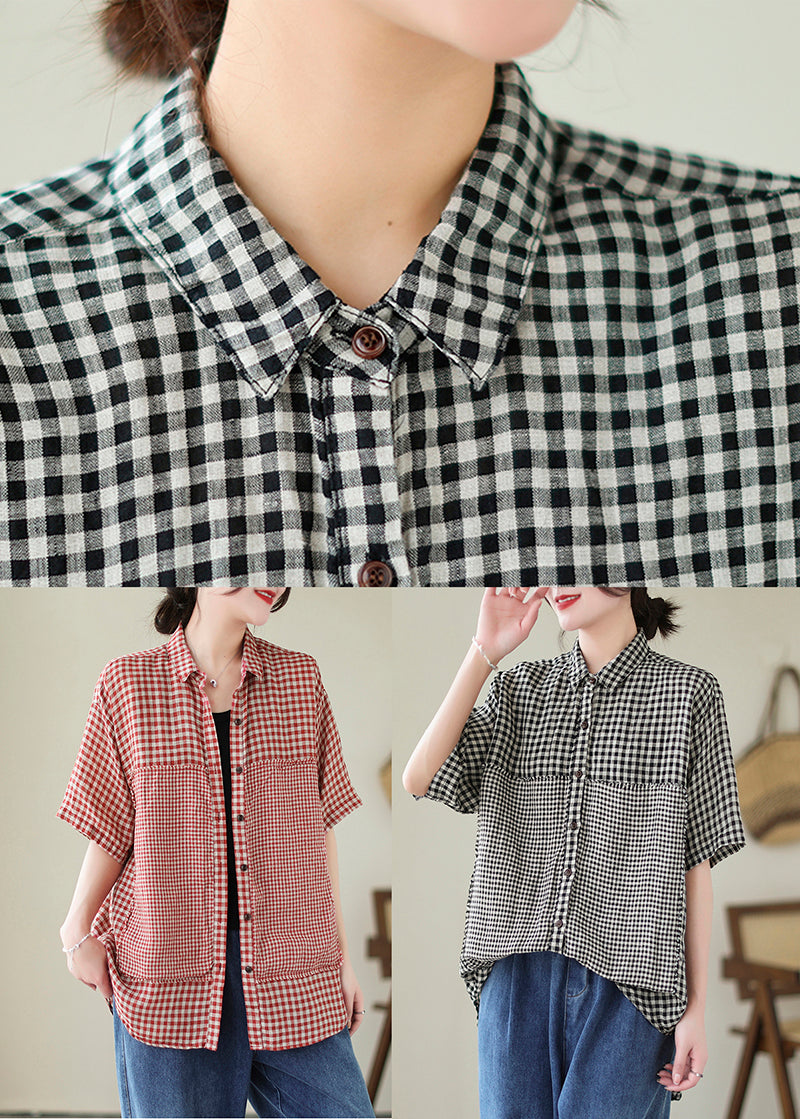 Summer Artistic Red Plaid Peter Pan Collar Linen Shirt Top