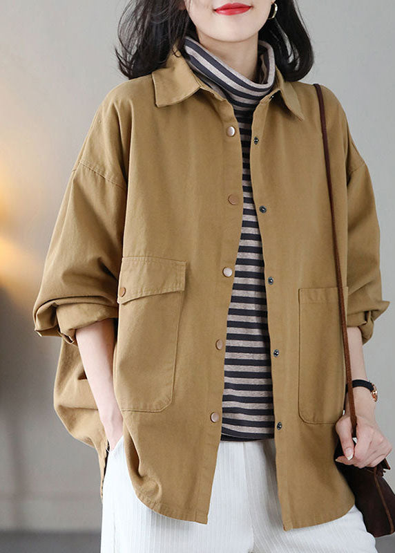 Art Yellow Peter Pan Collar Oversized Pocket Cotton Coat Spring