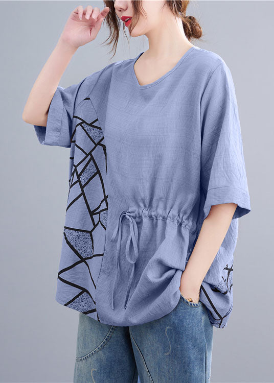 Baby Blue O Neck Drawstring Patchwork Cotton T-Shirt Tops Summer