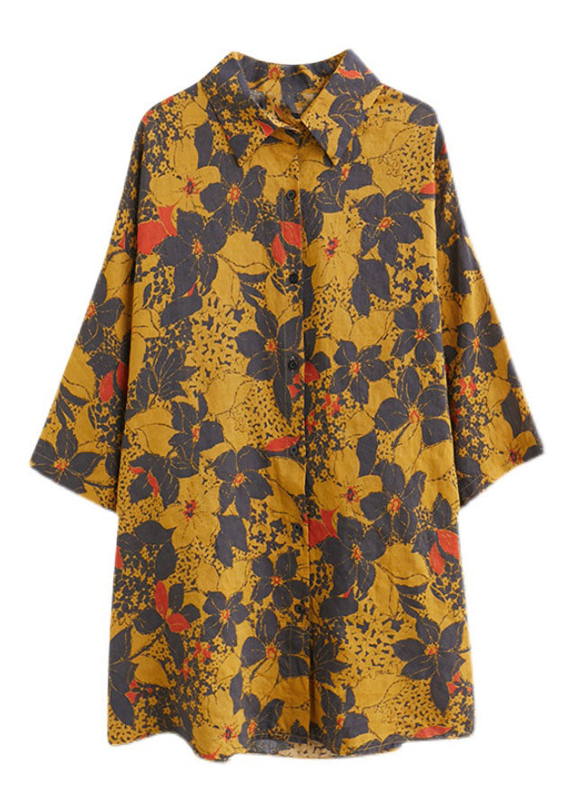 Baggy Yellow Peter Pan Collar Print Linen Shirt Top Half Sleeve