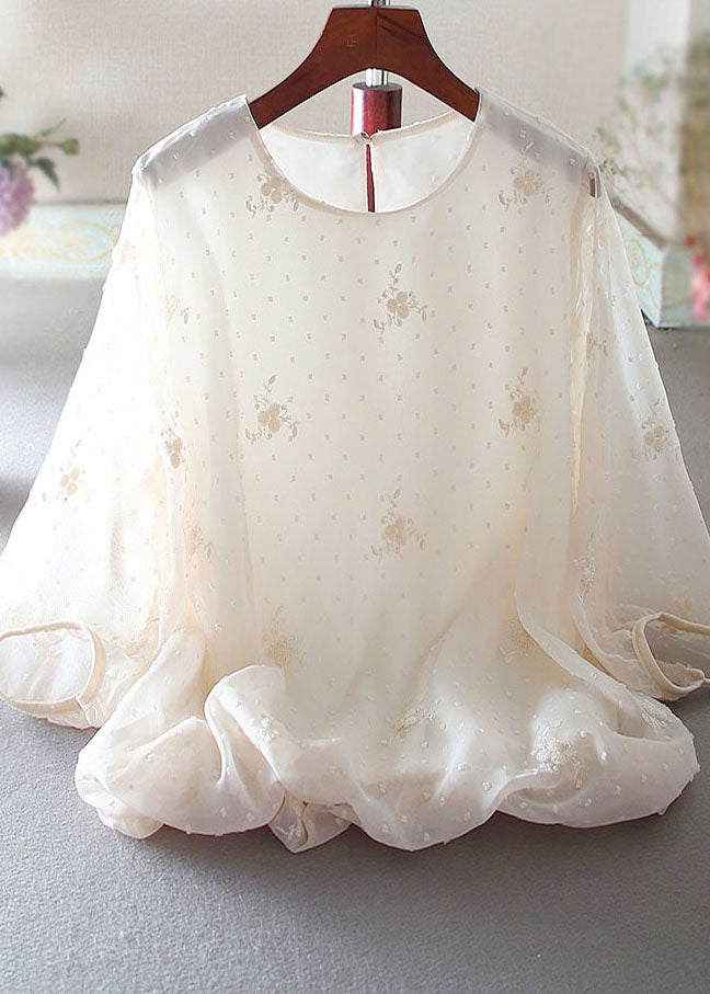 White Chiffon Blouses Embroidered Lantern Sleeve